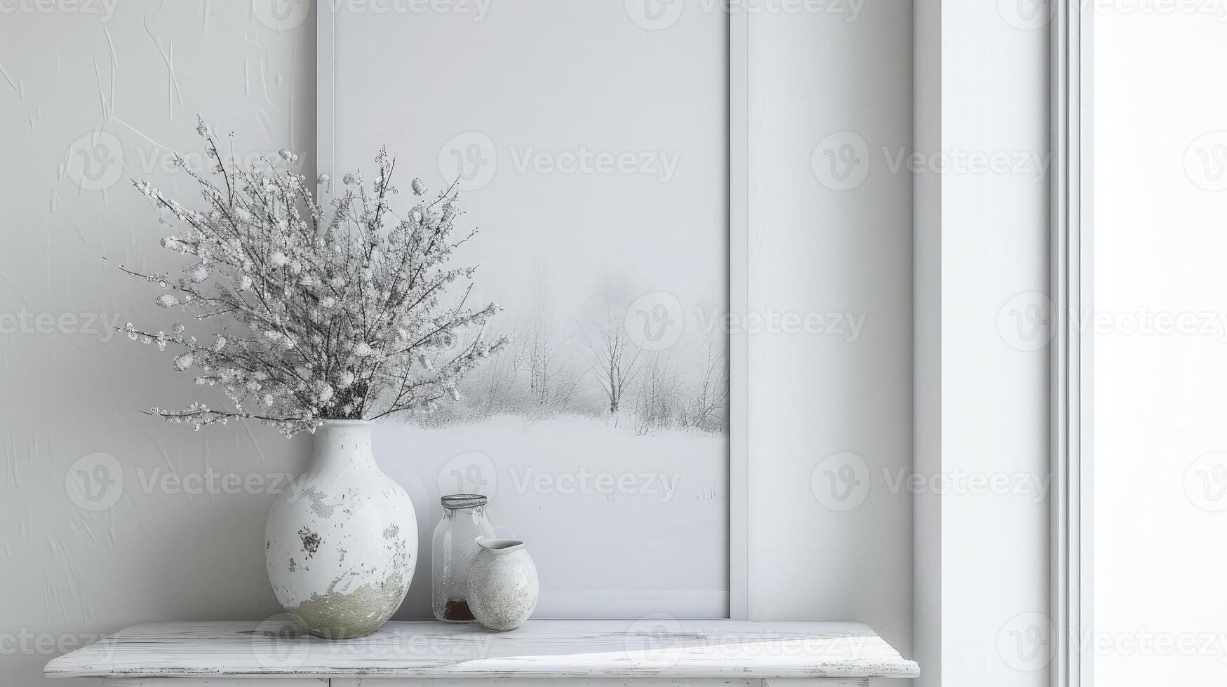 ai gegenereerd delicaat vaas siert een hoog wit venster, resting Aan een wit houten tafel. een ingelijst afbeelding van een besneeuwd landschap serveert net zo de achtergrond foto