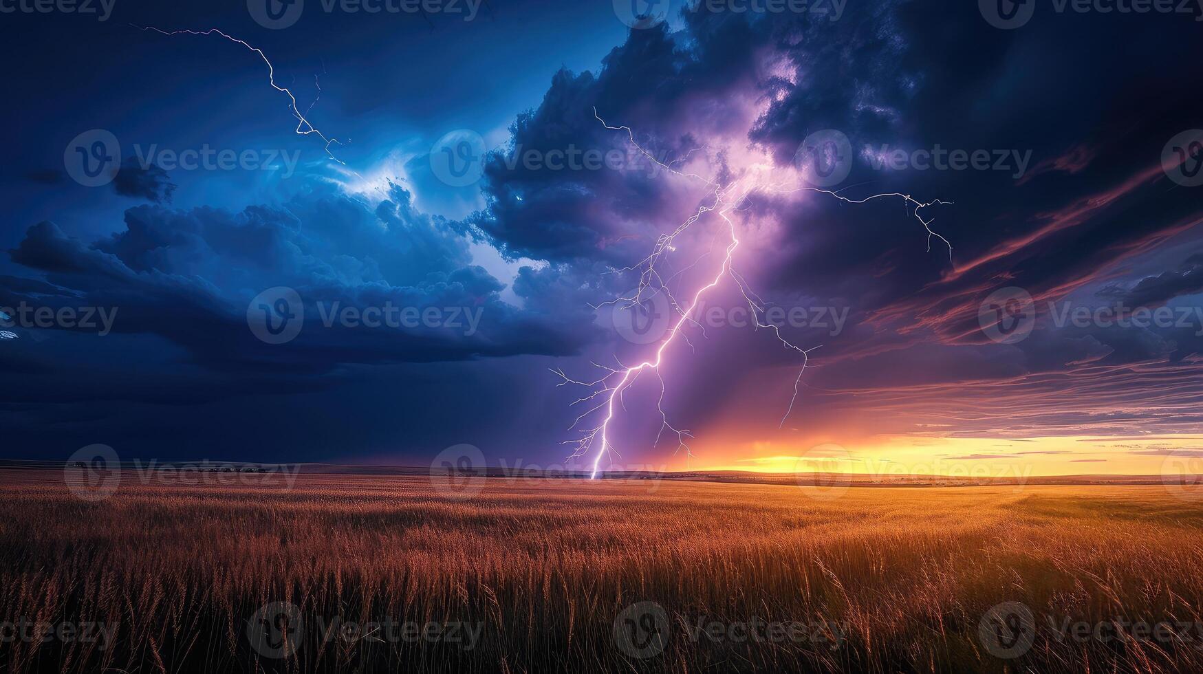 ai gegenereerd bliksem staking Aan de horizon gedurende een elektrisch storm Aan de prairies foto