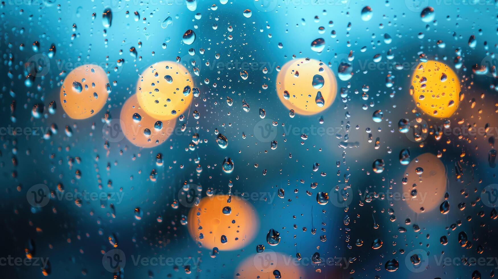 ai gegenereerd druppels van regen Aan blauw glas achtergrond. straat bokeh lichten uit van focus. herfst abstract backdrop foto