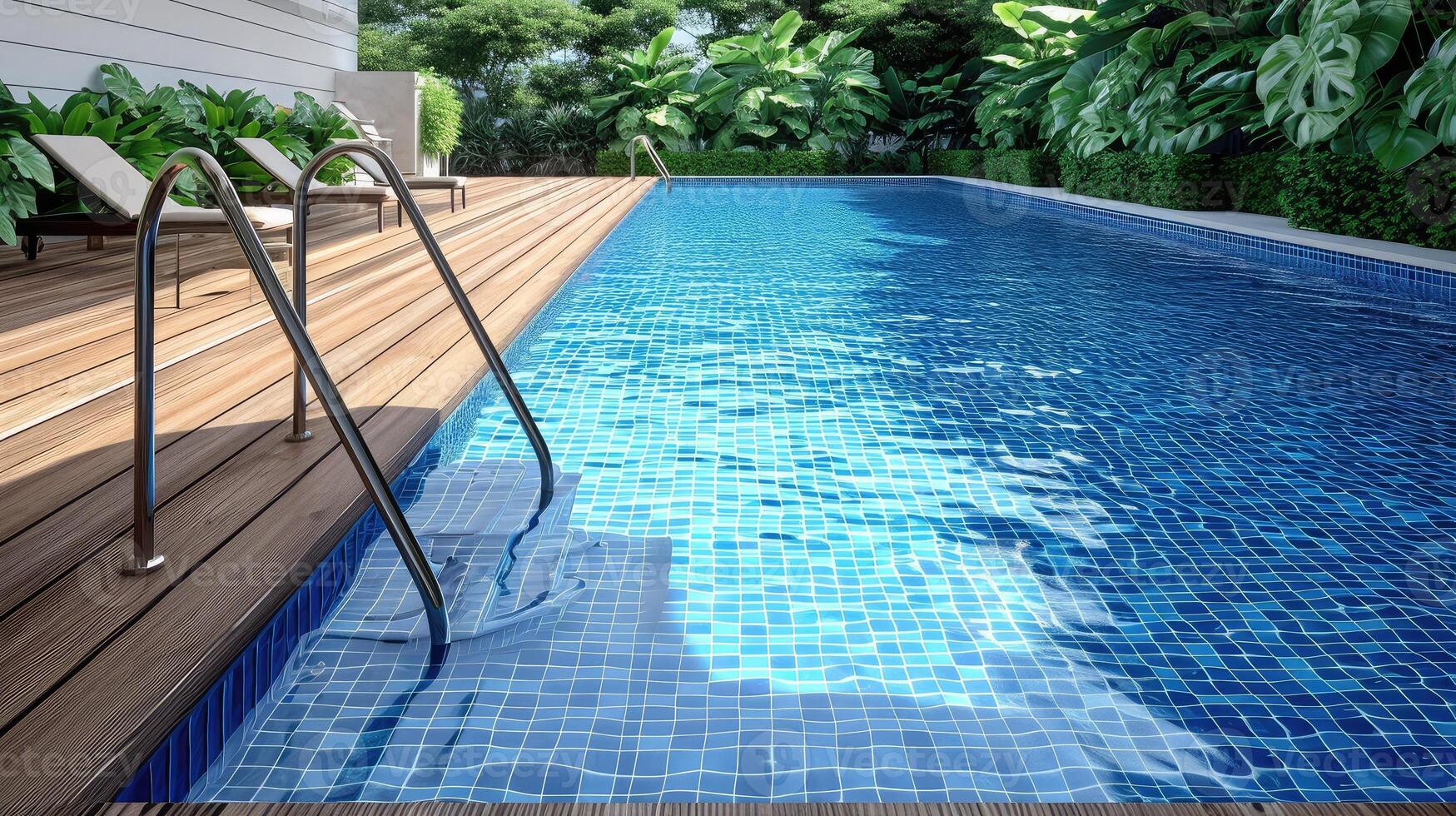 ai gegenereerd zwemmen zwembad met trap en houten dek. foto