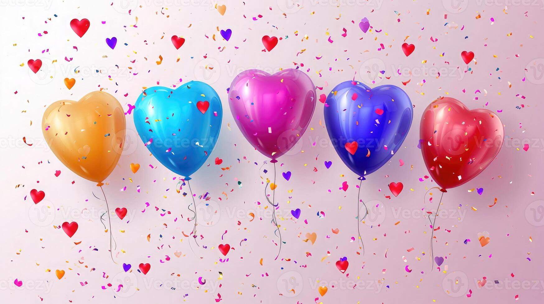 ai gegenereerd verjaardag kleurrijk harten ballonnen achtergrond ontwerp. gelukkig verjaardag kleurrijk harten ballon en confetti decoratie element voor geboorte dag viering groet kaart ontwerp foto