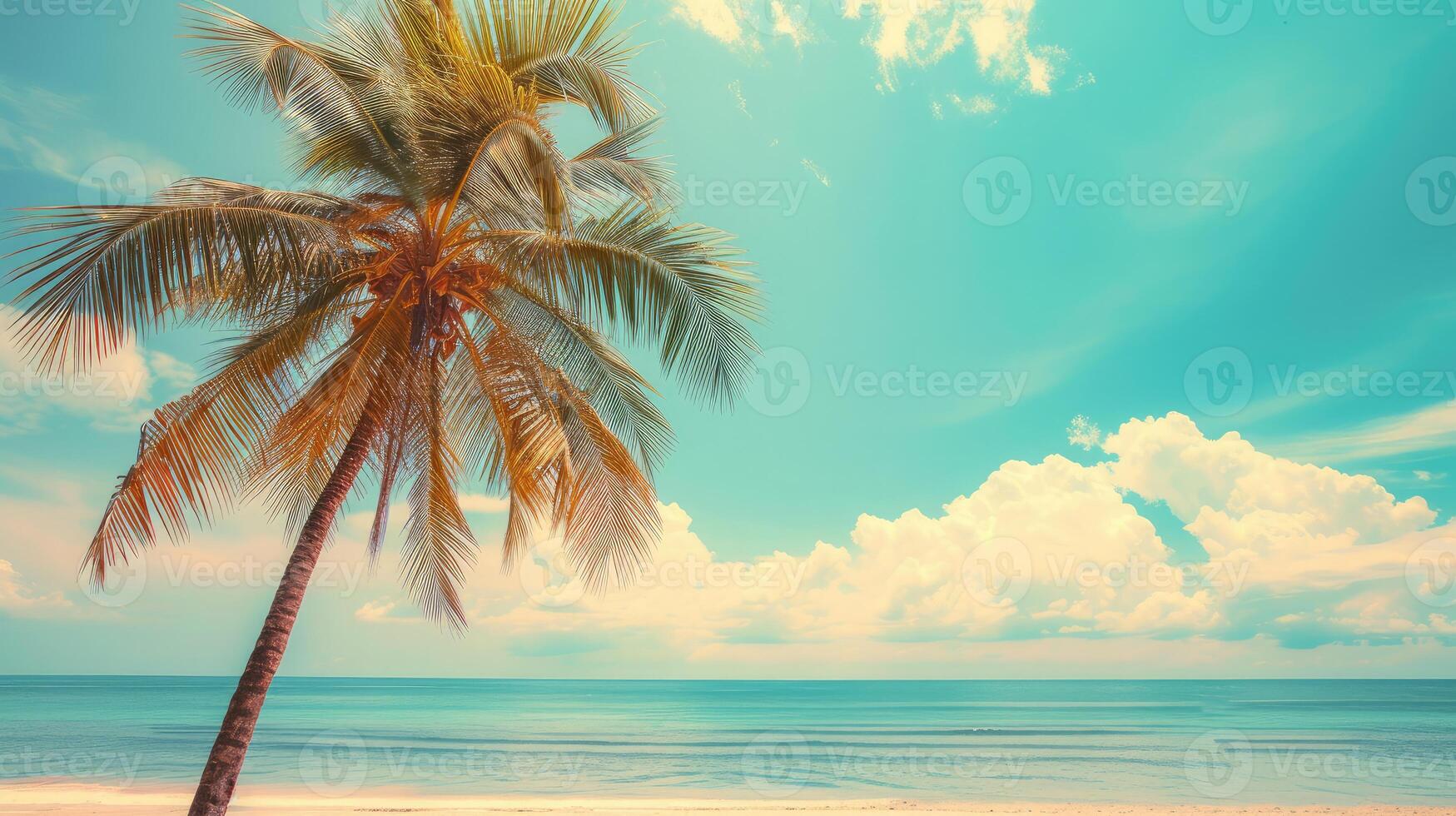 ai gegenereerd palm boom Aan tropisch strand met blauw lucht en wit wolken abstract achtergrond. kopiëren ruimte van zomer vakantie en bedrijf reizen concept. wijnoogst toon filter effect kleur stijl foto