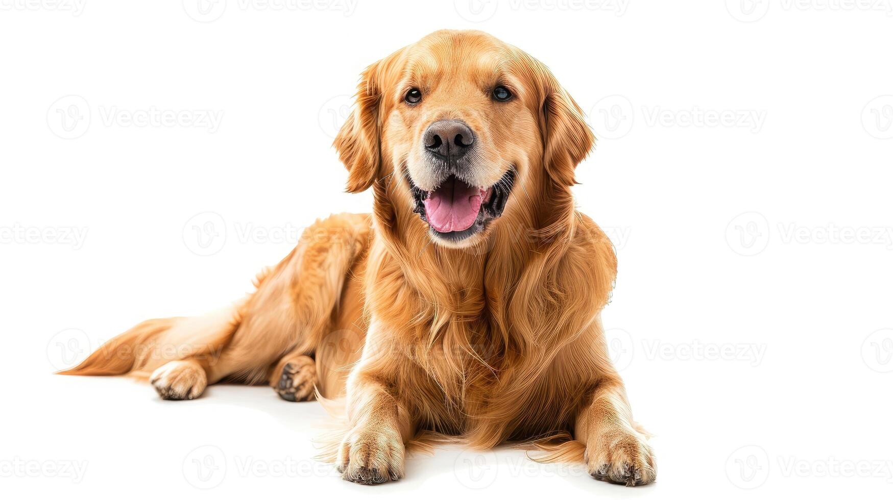 ai gegenereerd gelukkig zittend en hijgen gouden retriever hond op zoek Bij camera, geïsoleerd Aan wit foto