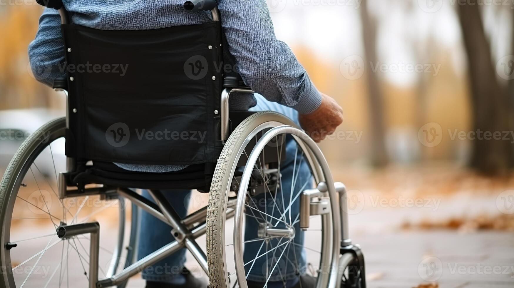 ai gegenereerd detailopname van senior Mens in rolstoel in park Aan wazig achtergrond foto
