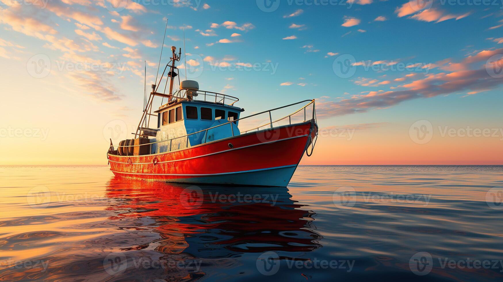 ai gegenereerd visvangst boot in de zee Bij zonsondergang. 3d geven illustratie foto