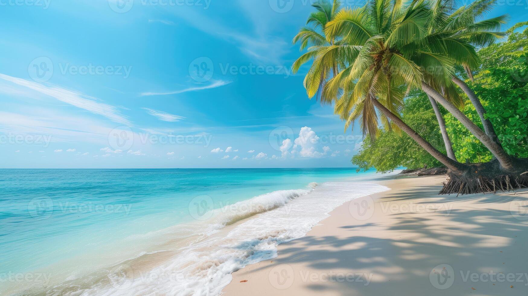 ai gegenereerd rustig strand tafereel. exotisch tropisch strand landschap voor achtergrond of behang. ontwerp van zomer vakantie vakantie concept. foto