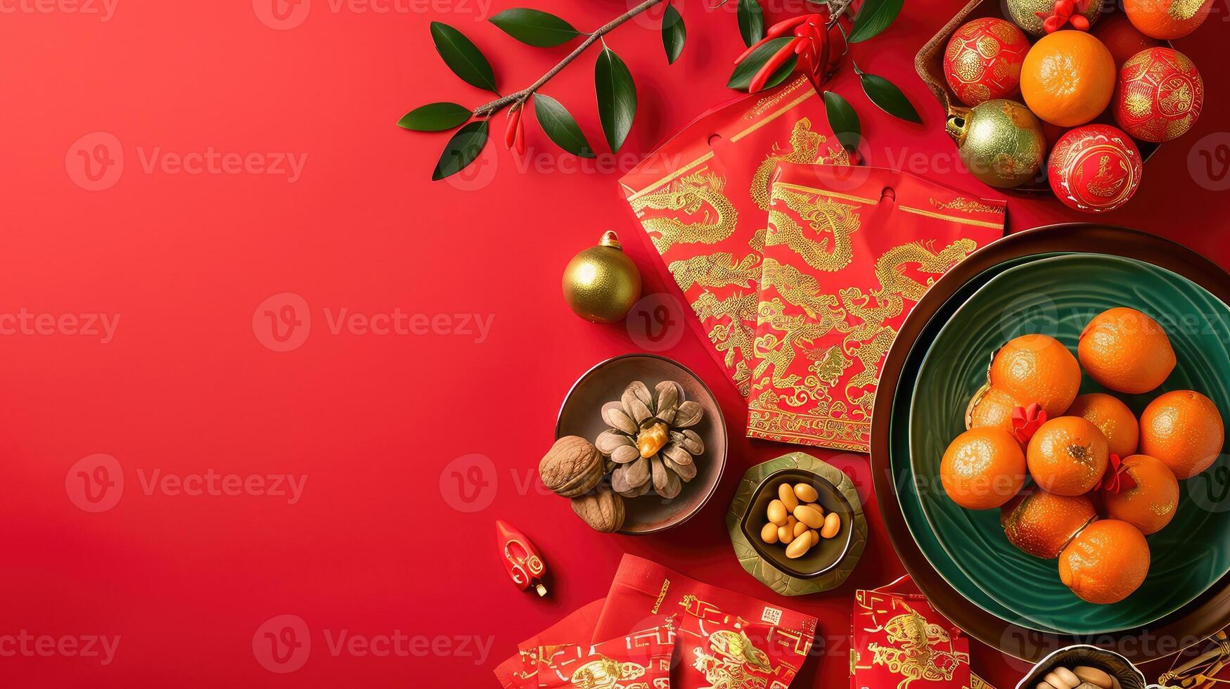 ai gegenereerd top visie van Lucky enveloppen en decoratief items voor Chinese maan- nieuw jaar Aan rood achtergrond. ruimte voor tekst foto