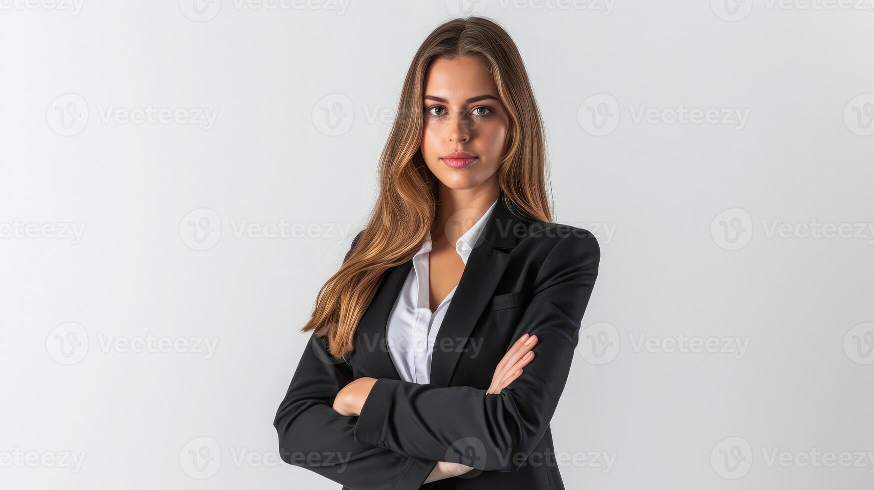 ai gegenereerd Kaukasisch geslaagd zelfverzekerd jong zakenvrouw Directeur baas bank werknemer arbeider manager met armen gekruiste in formeel slijtage geïsoleerd in wit achtergrond foto