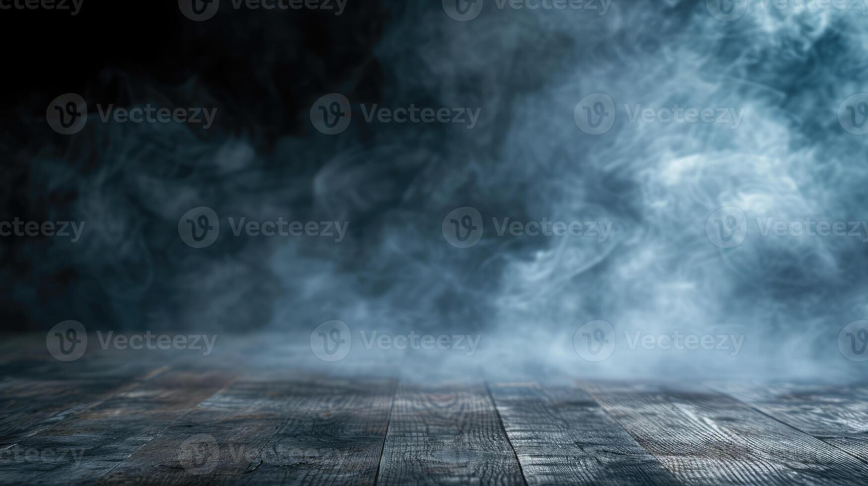 ai gegenereerd mist in duisternis - rook en de nevel Aan houten tafel - abstract en onscherp halloween backdrop foto