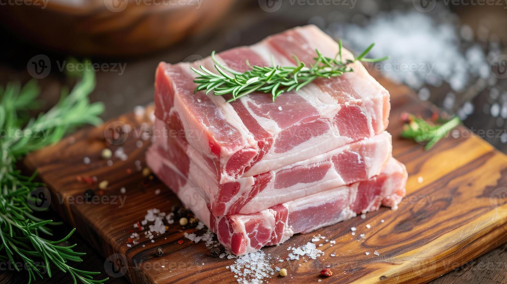 ai gegenereerd vers varkensvlees buik blok Aan houten bord foto