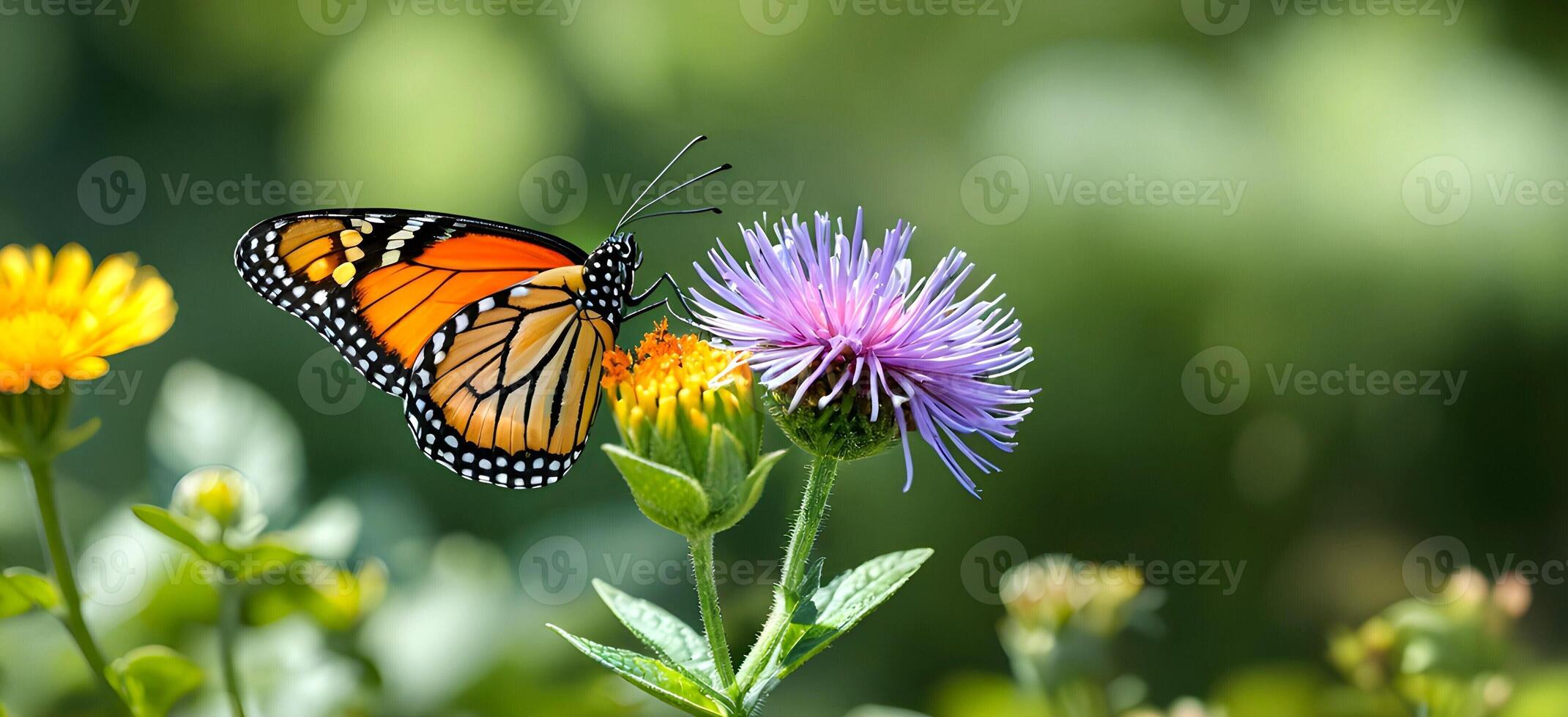 ai gegenereerd een vlinder is Aan een bloem in tuin gedurende zomer foto