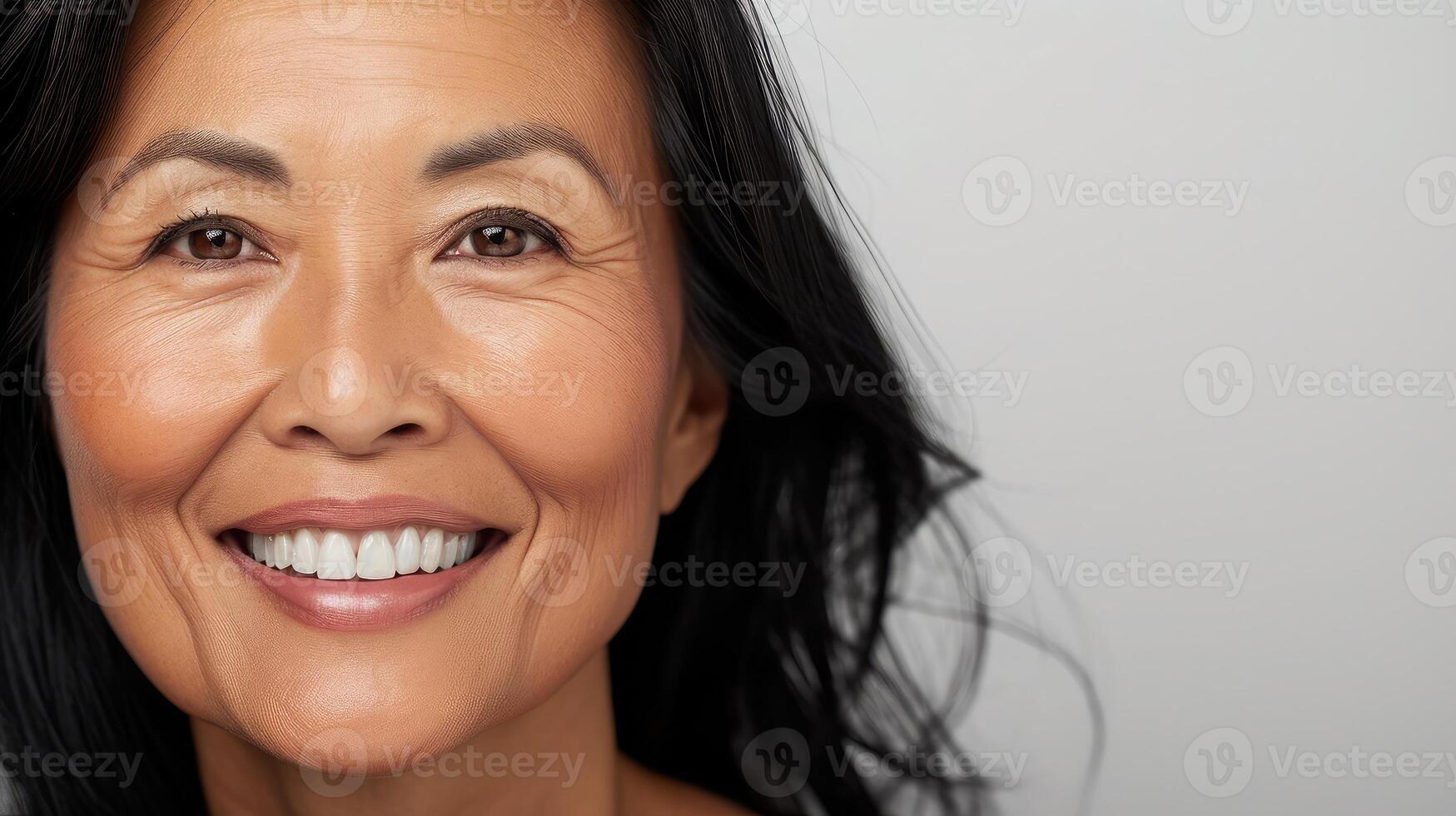 ai gegenereerd mooi volwassen Aziatisch vrouw glimlacht breed in studio. Rechtsaf kant ton afgesloten portret. wit achtergrond. foto