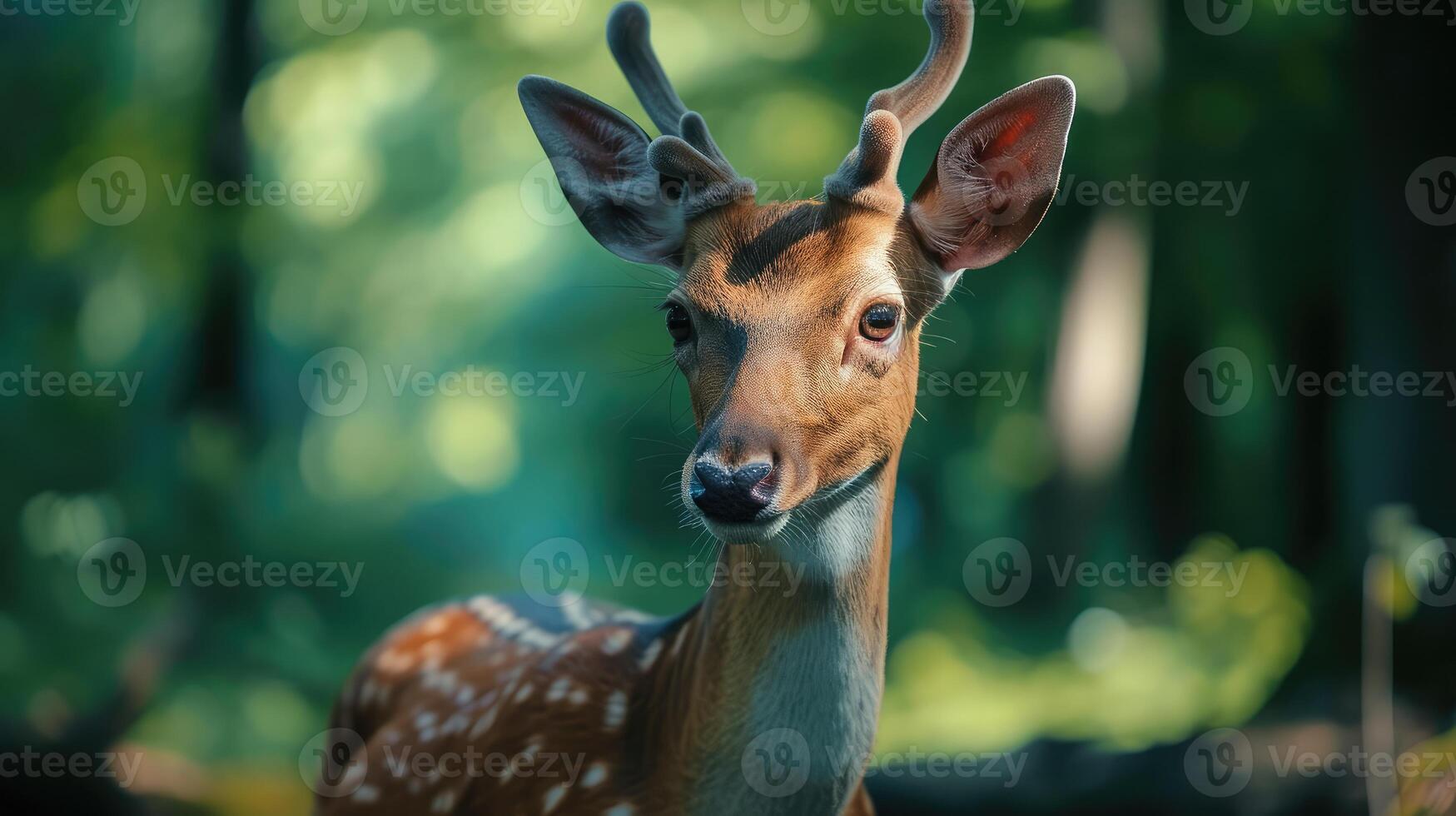 ai gegenereerd grappig hert in de Woud. detailopname. Ondiep diepte van veld. foto