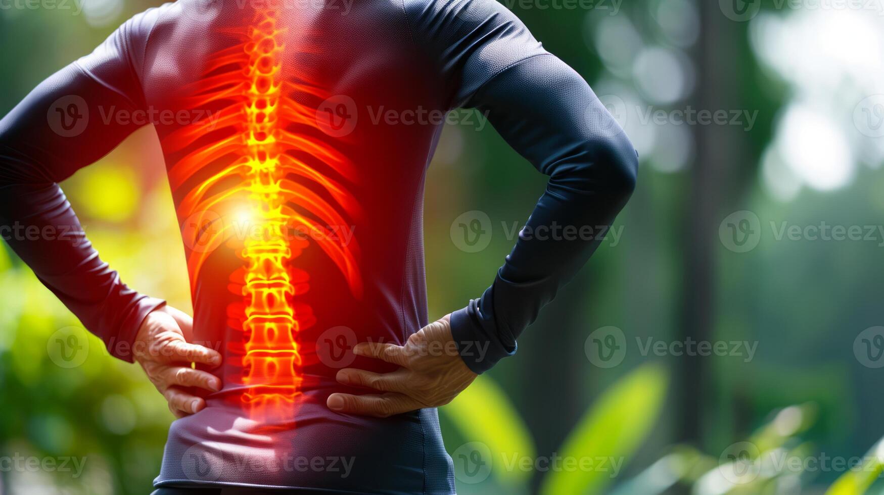 ai gegenereerd terug pijn, rugpijn, menselijk wervelkolom röntgenstraal anatomie, benadrukkend de ruggengraat, botten en potentieel verwondingen foto