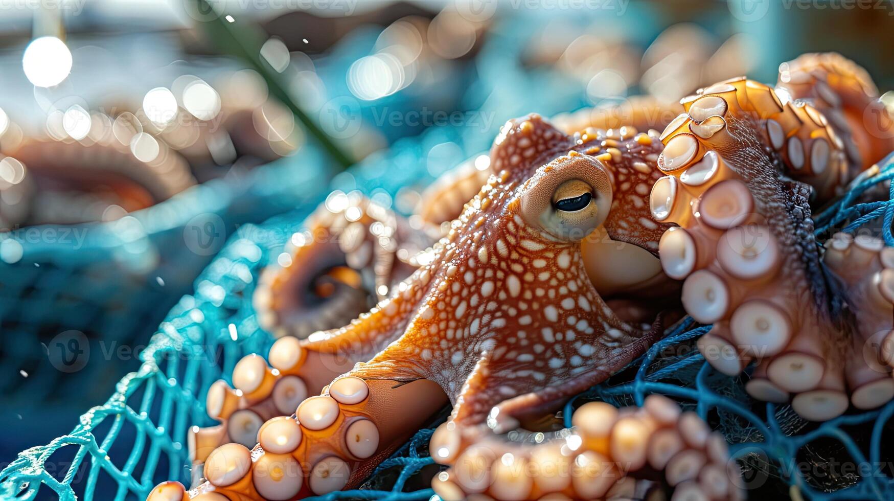 ai gegenereerd veel bruin Octopus was gebracht naar de zon Aan de blauw netto geplaatst Aan bamboe foto