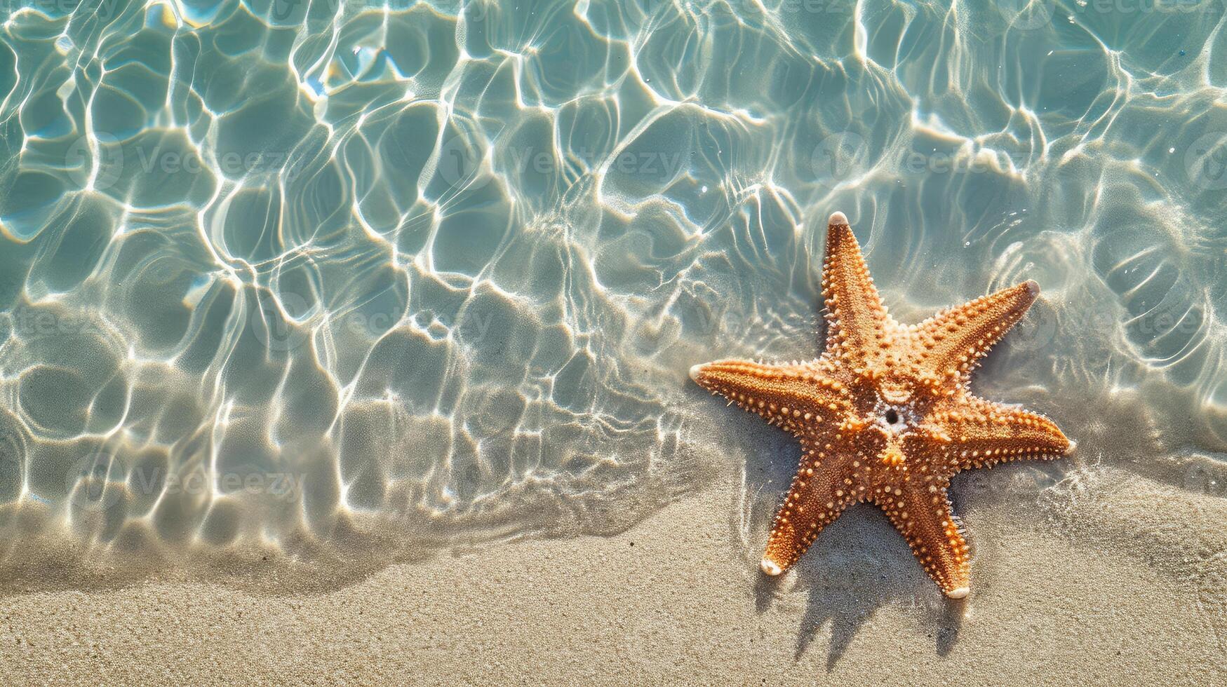 ai gegenereerd zeester Aan de zand strand in Doorzichtig zee water. zomer achtergrond. zomer tijd .kopiëren ruimte. ontspannende Aan de strand. foto