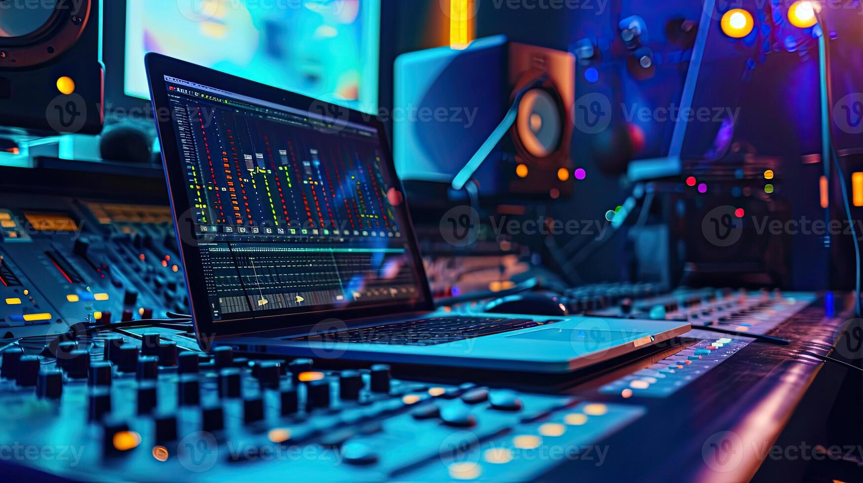 ai gegenereerd modern muziek- Vermelding studio controle bureau met laptop scherm tonen gebruiker koppel van digitaal audio werkstation software. gelijkmaker, menger en professioneel uitrusting foto