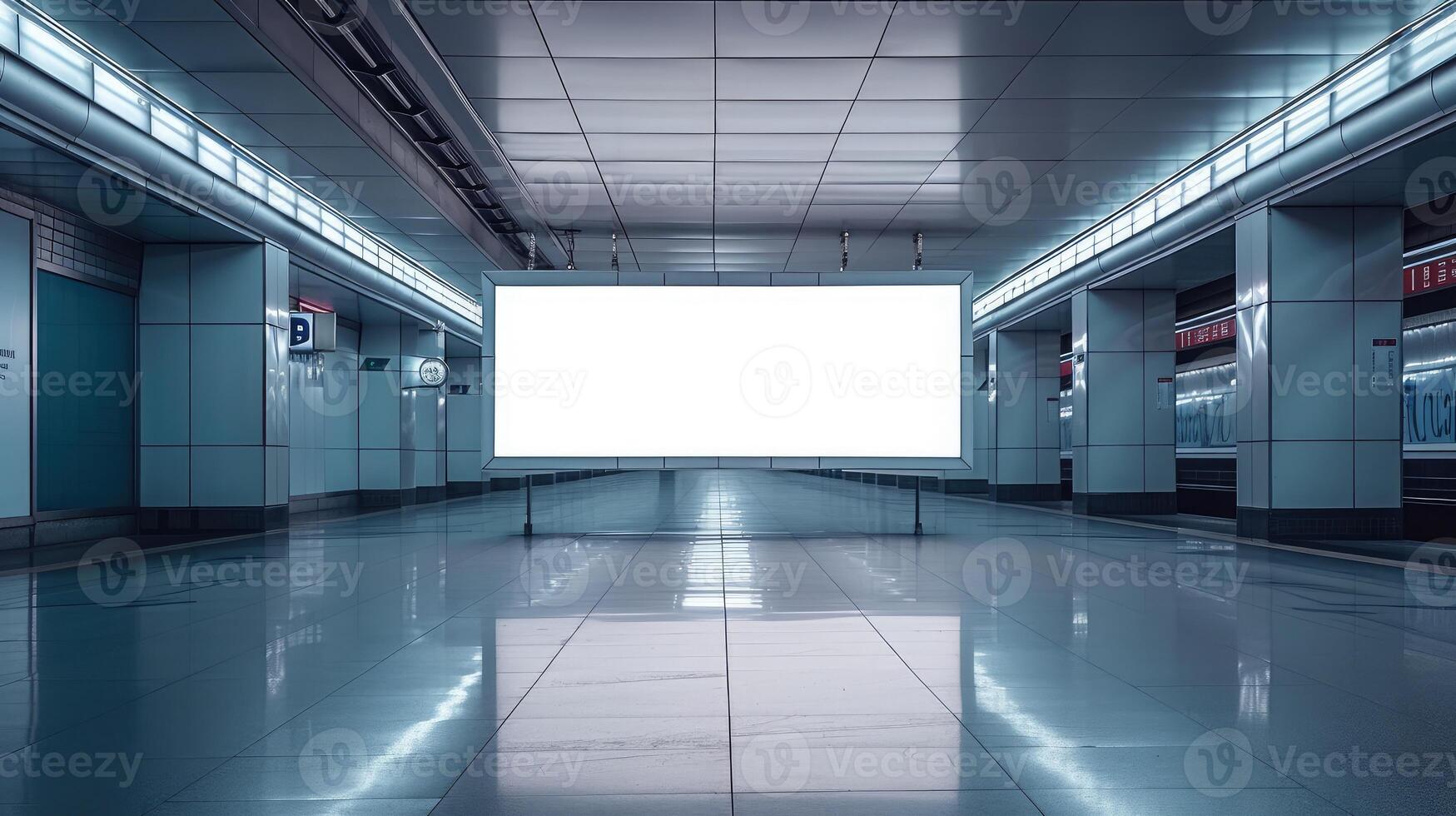 ai gegenereerd binnen- buitenshuis stad licht winkelcentrum winkel sjabloon. blanco aanplakbord bespotten omhoog in een metro station, ondergronds interieur. foto