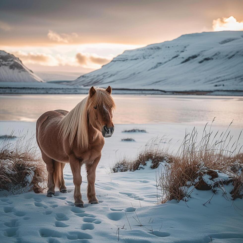 ai gegenereerd iconisch IJslands landschap met majestueus paard temidden van verbijsterend landschap voor sociaal media post grootte foto