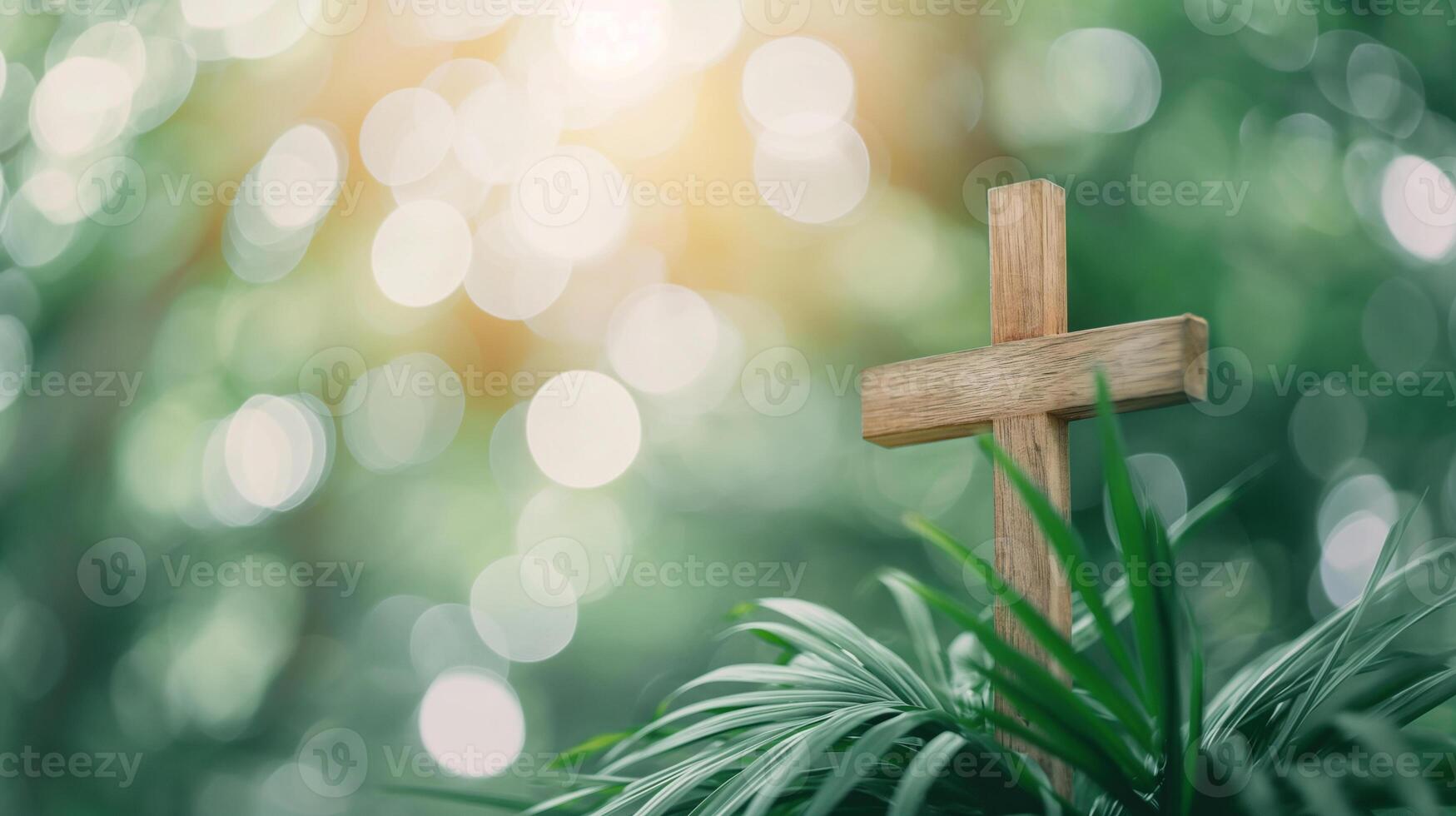 ai gegenereerd palm zondag houten kruis met zonovergoten bokeh achtergrond foto