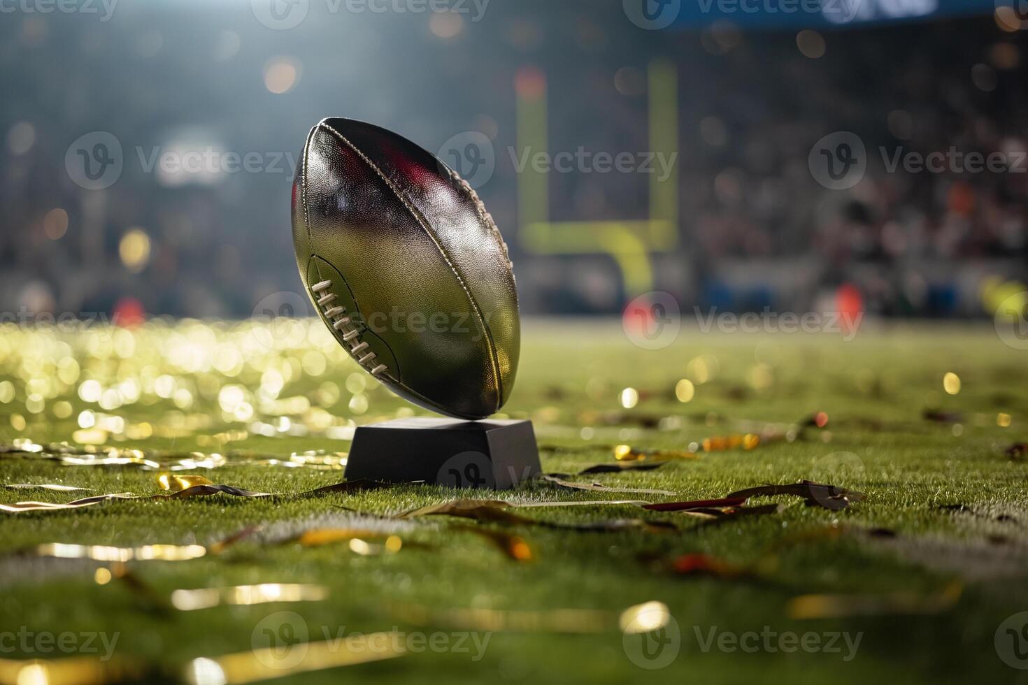 ai gegenereerd super kom viering. ongerept Amerikaans voetbal trofee geënsceneerd Aan de veld- temidden van de opwinding van een super kom zege met confetti foto