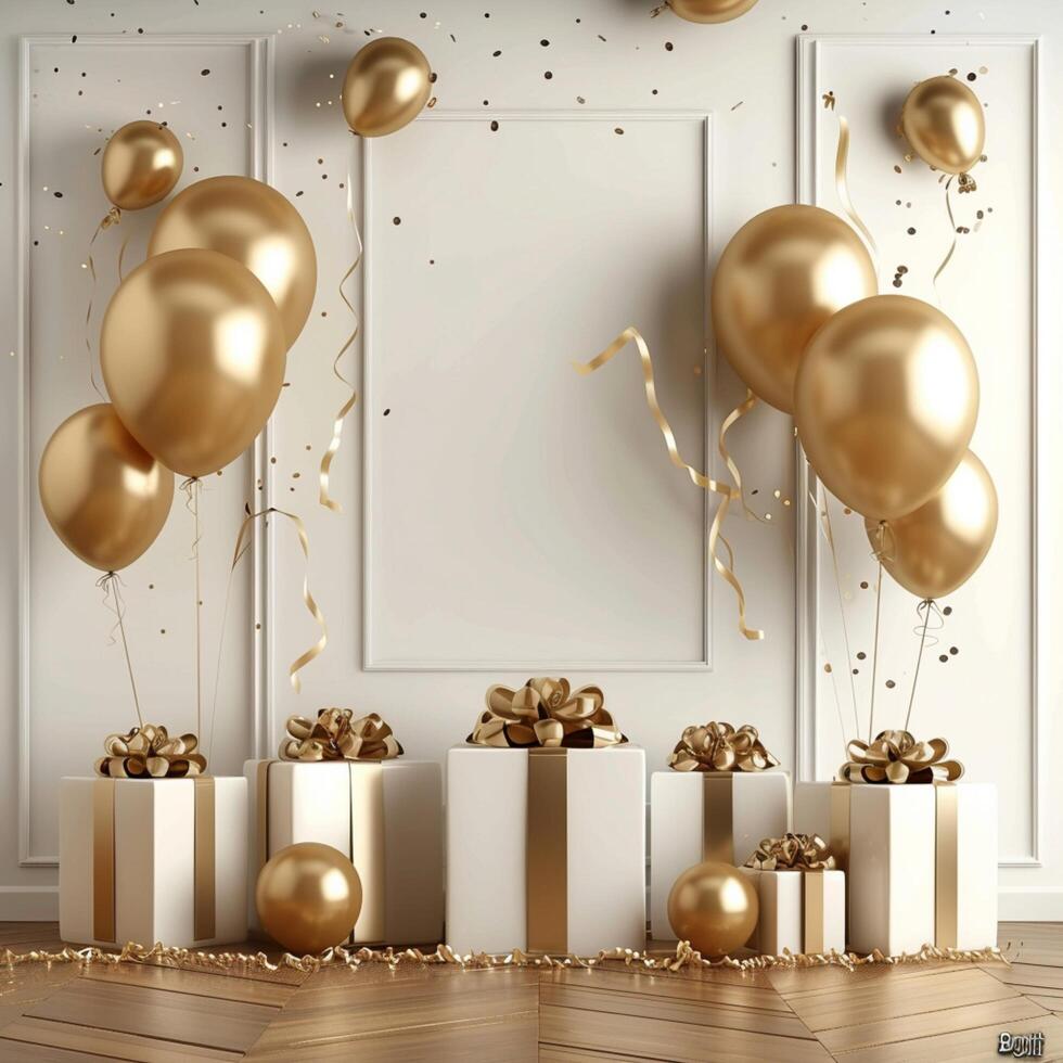 ai gegenereerd gouden ballonnen en cadeaus reeks de tafereel voor viering uitnodiging voor sociaal media post grootte foto