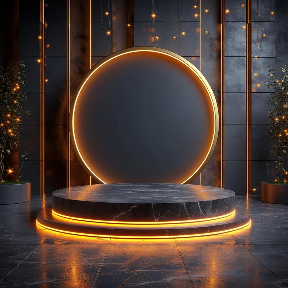 ai gegenereerd zwart en goud 3d voetstuk podium, neon lit minimalistisch luxe concept voor sociaal media post grootte foto