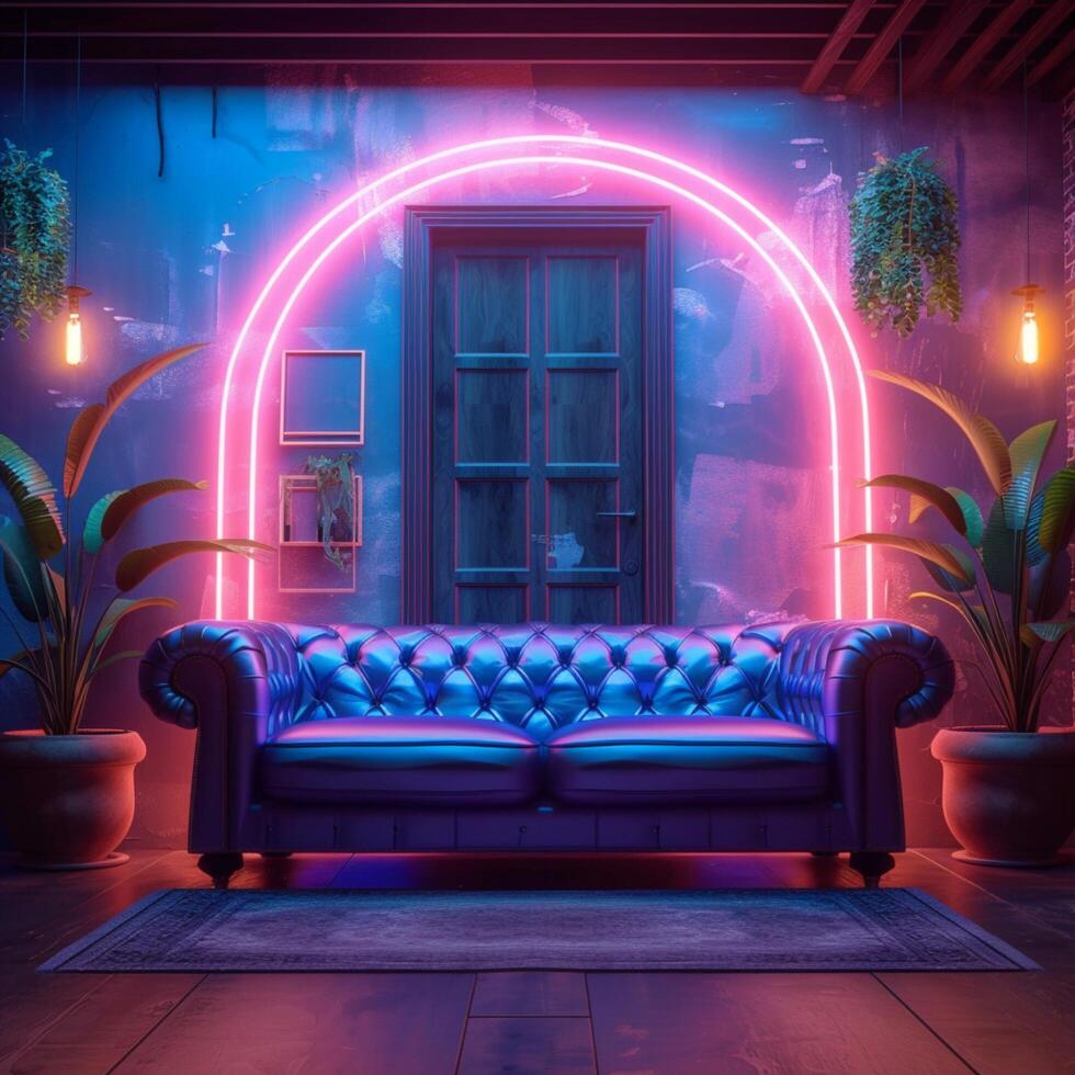 ai gegenereerd modern lounge met dubbel leer couches lit door levendig neons voor sociaal media post grootte foto