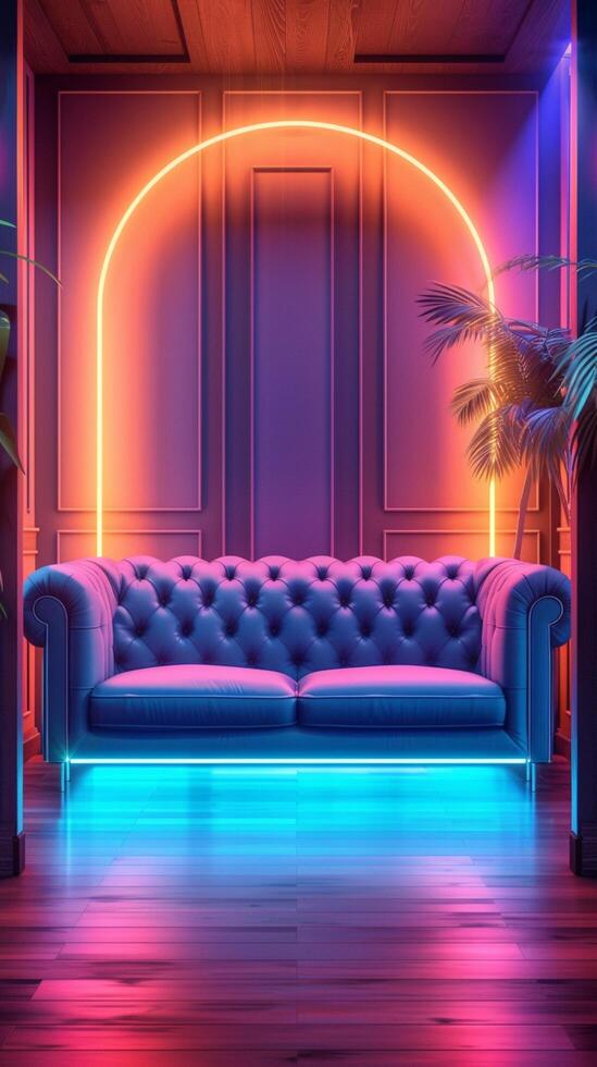 ai gegenereerd modern lounge met dubbel leer couches lit door levendig neons verticaal mobiel behang foto