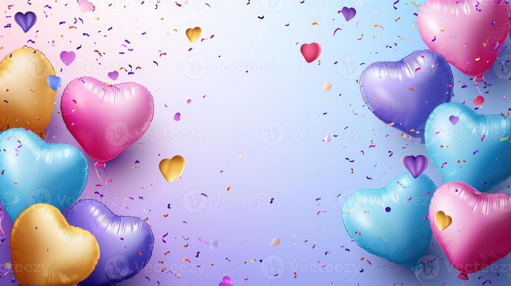 ai gegenereerd verjaardag kleurrijk harten ballonnen achtergrond ontwerp. gelukkig verjaardag kleurrijk harten ballon en confetti decoratie element voor geboorte dag viering groet kaart ontwerp foto