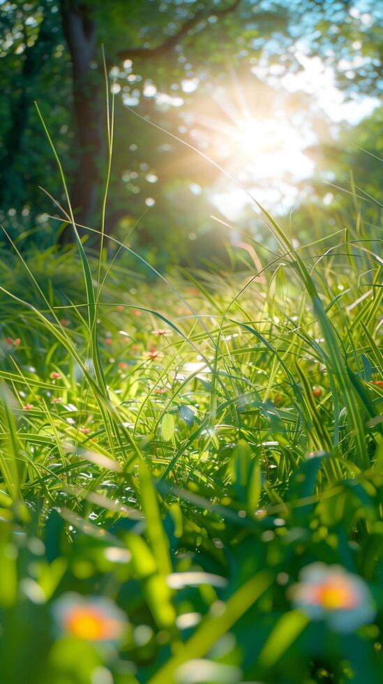 ai gegenereerd perfect zonnig dag in lente, ideaal voor buitenshuis activiteiten verticaal mobiel behang foto