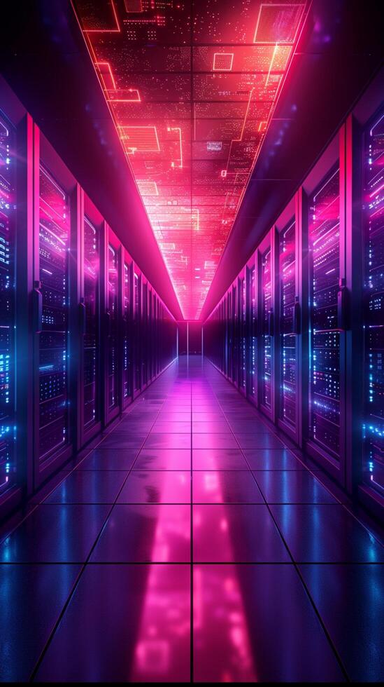 ai gegenereerd hoog tech server faciliteit gegevens centrum in levendig neon kleuren verticaal mobiel behang foto