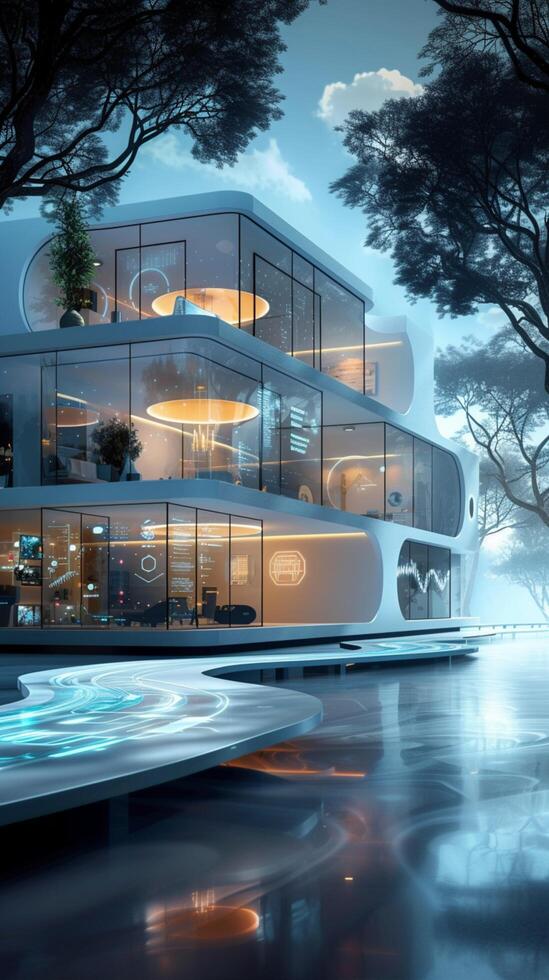 ai gegenereerd intelligent leven ruimte futuristische huis met digitaal navigatie koppel verticaal mobiel behang foto