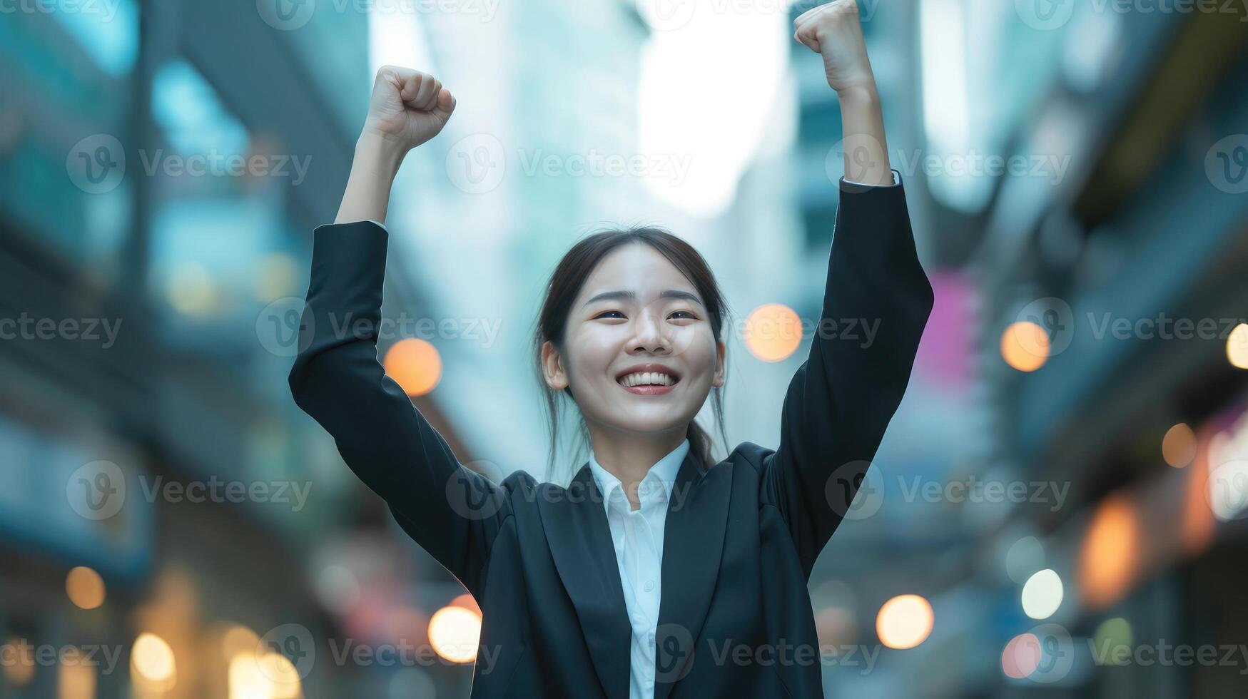 ai gegenereerd jong opgewonden zelfverzekerd trots Aziatisch bedrijf vrouw winnaar vervelend pak staand Aan straat, verhogen handen, gevoel stroom, foto