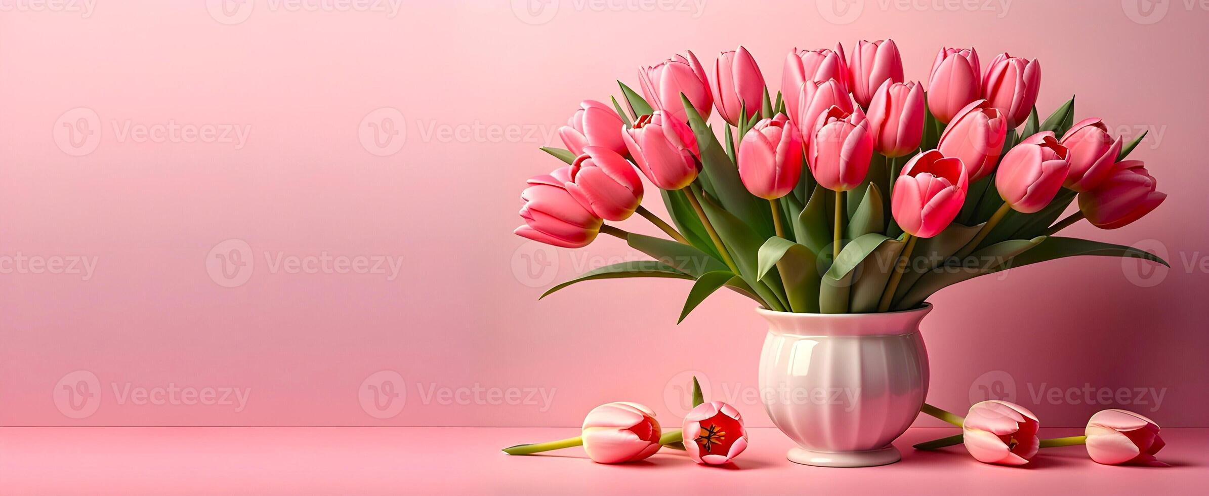 ai gegenereerd roze tulp bloemen boeket is gepresenteerd Aan vaas gedurende voorjaar foto