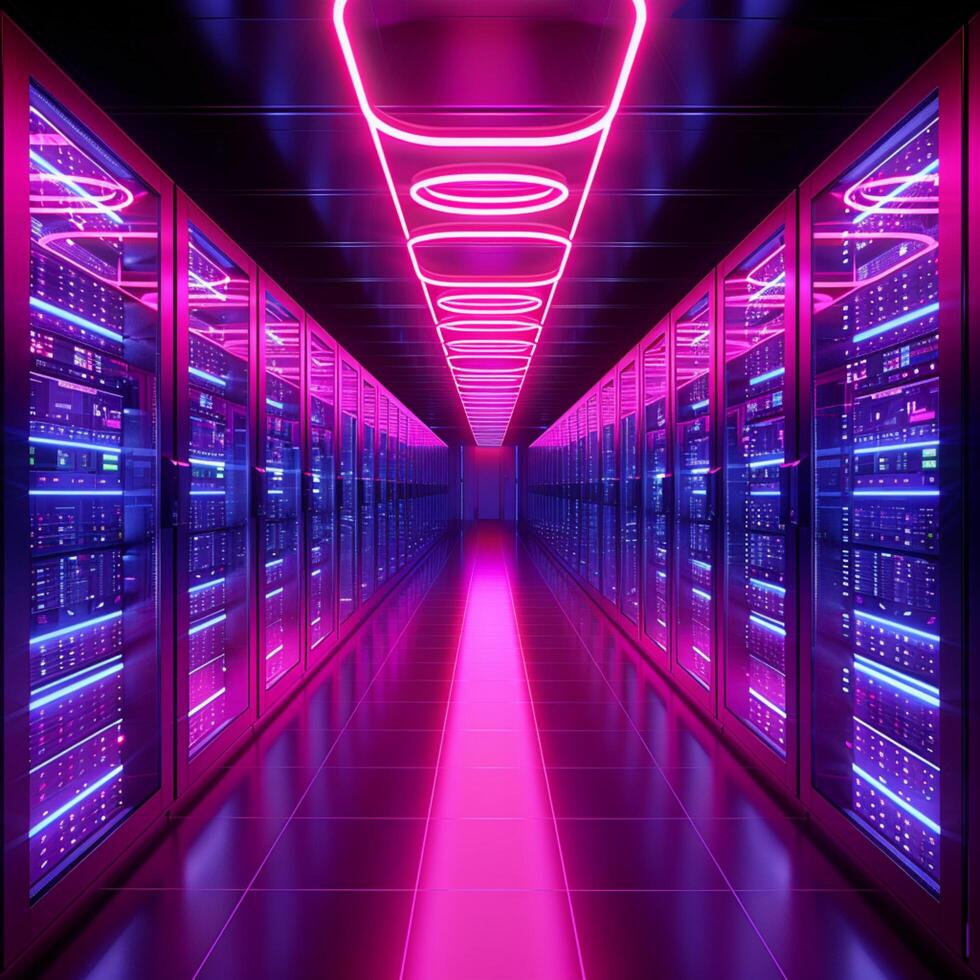 ai gegenereerd hoog tech server faciliteit gegevens centrum in levendig neon kleuren voor sociaal media post grootte foto