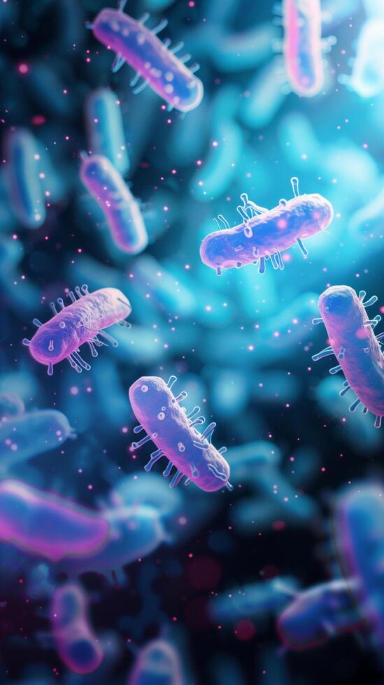 ai gegenereerd gedetailleerd visie van microscopisch bacteriën, vertegenwoordigen probiotica, Aan achtergrond verticaal mobiel behang foto