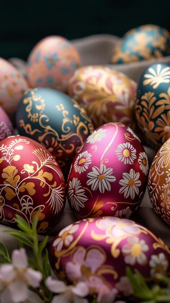 ai gegenereerd lente traditie groep van versierd Pasen eieren voor vieringen verticaal mobiel behang foto
