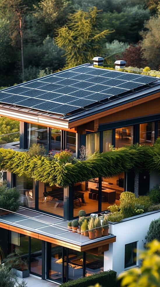ai gegenereerd hernieuwbaar dakbedekking huis bekroond met bitumineus tegel, bevorderen duurzame energie verticaal mobiel behang foto