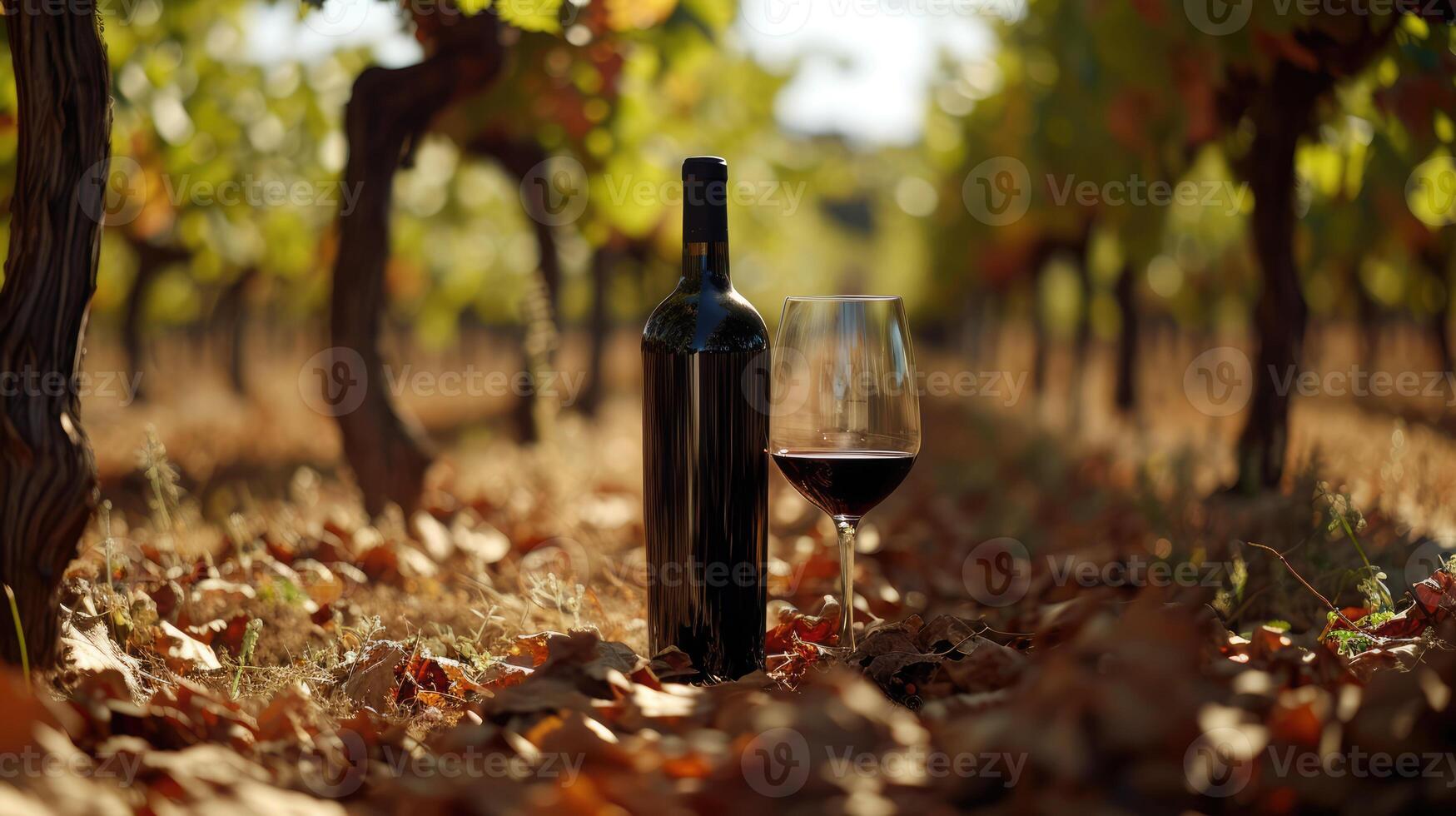 ai gegenereerd generatief ai, rood wijn fles bespotten omhoog met wijn glas Aan wijngaard landschap in de zonneschijn, kopiëren ruimte en plaats voor logo foto