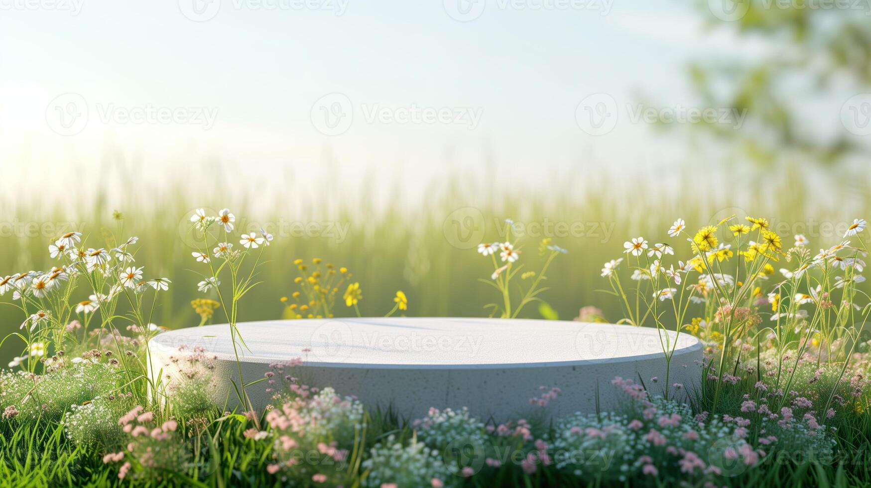 ai gegenereerd achtergrond tafereel met leeg houten podium platform en wazig voorjaar bloemen veld. schoonheid Product Scherm. biologisch natuurlijk concept. bespotten omhoog, spa. foto