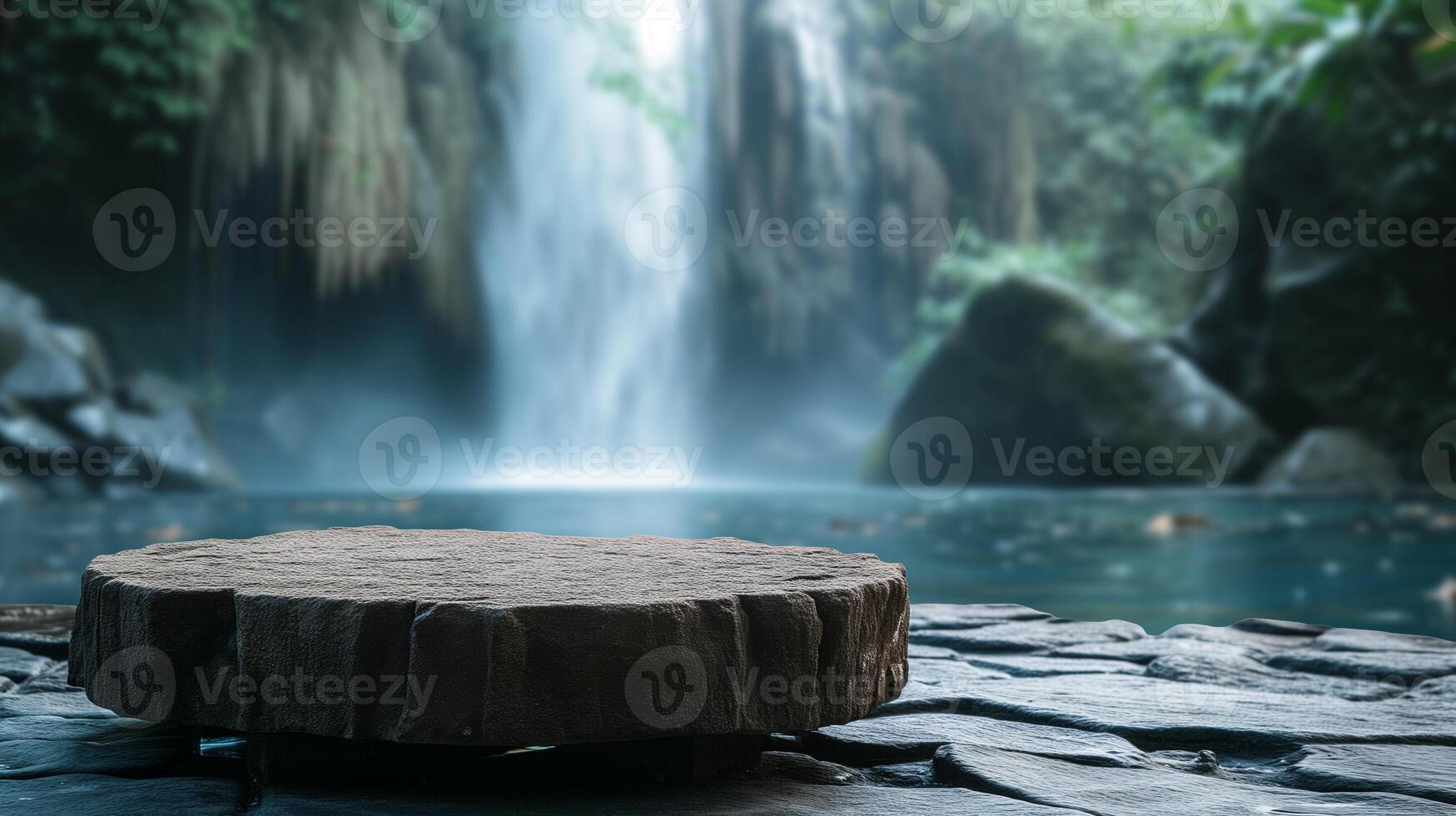 ai gegenereerd blanco Product podium van steen. cilinder staan concept. wazig Bali natuur met waterval achtergrond, schoonheid huidverzorging, technologie producten Scherm. foto