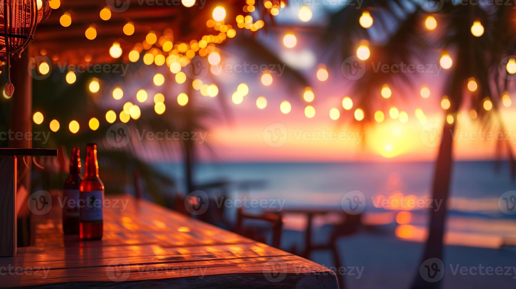 ai gegenereerd wazig strand bar achtergrond Bij zonsondergang. bar top en stoelen, palm bomen, warm draad lichten, met oceaan golven en een kleurrijk lucht. foto
