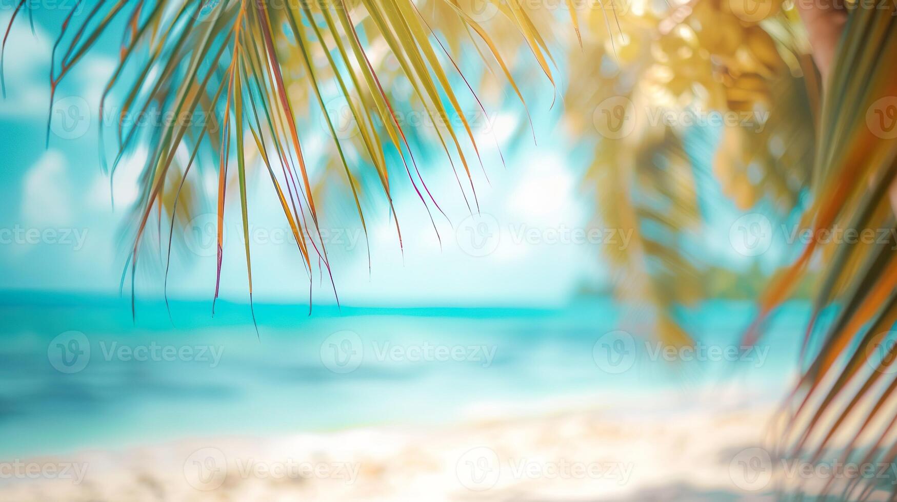 ai gegenereerd wazig sereen strand tafereel achtergrond. teder golven, zand, en palm bomen onder een Doorzichtig lucht. kalmte en natuurlijk schoonheid. foto