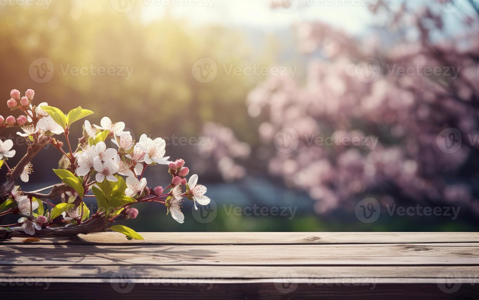ai gegenereerd leeg houten tafel, Scherm met voorjaar natuur thema achtergrond. mooi bloeiend kers takken. kopiëren ruimte voor Product presentatie, vitrine. foto