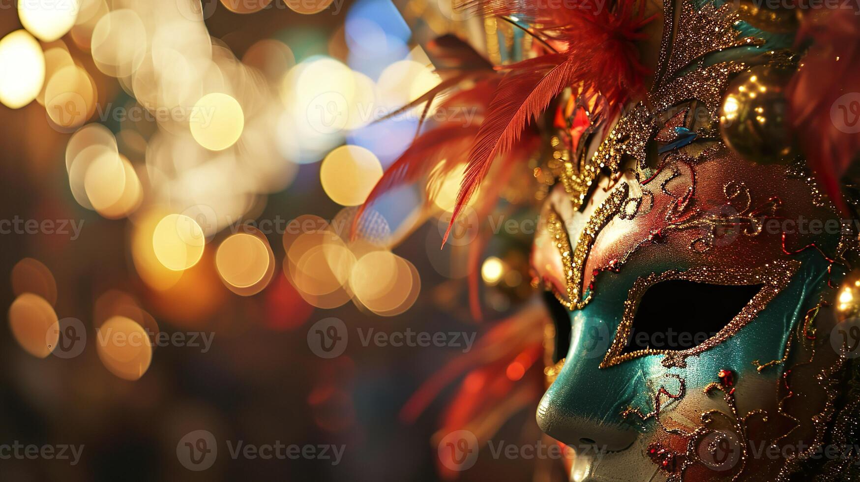 ai gegenereerd kleurrijk carnaval maskerade optocht masker Aan wazig donker blauw achtergrond met bokeh lichten. kopiëren ruimte. voor Venetiaanse kostuum festival viering, uitnodiging, Promotie. foto