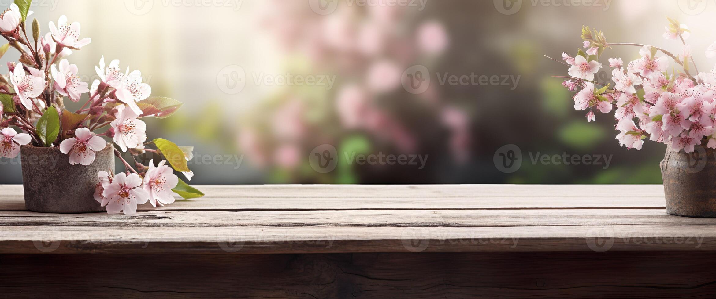 ai gegenereerd leeg houten tafel, Scherm met voorjaar natuur thema achtergrond. mooi bloeiend kers takken. breed banier met kopiëren ruimte voor Product presentatie, vitrine. foto