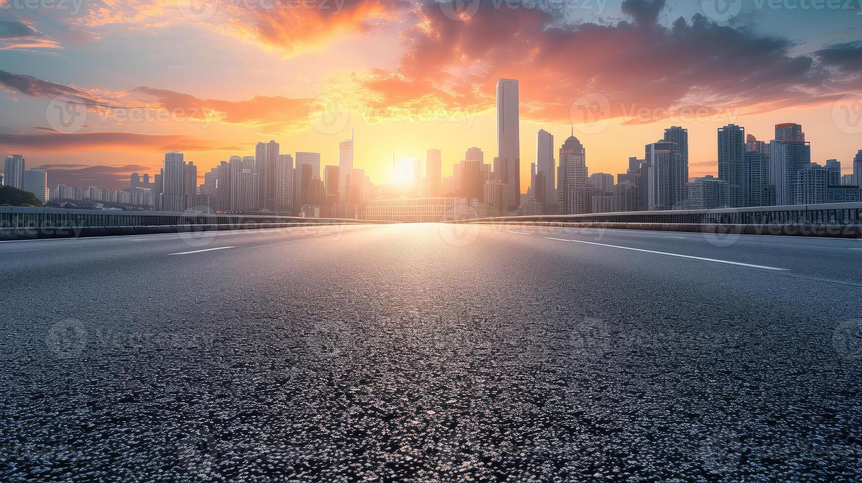 ai gegenereerd leeg asfalt weg en modern stad horizon met gebouw landschap Bij zonsondergang. hoog hoek visie. foto