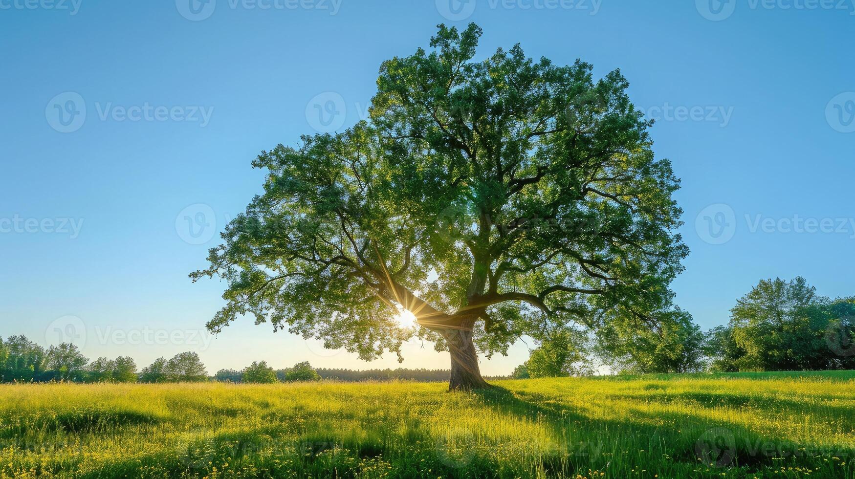 ai gegenereerd de zon schijnend door een majestueus groen eik boom Aan een weide, met Doorzichtig blauw lucht in de achtergrond, panorama formaat foto