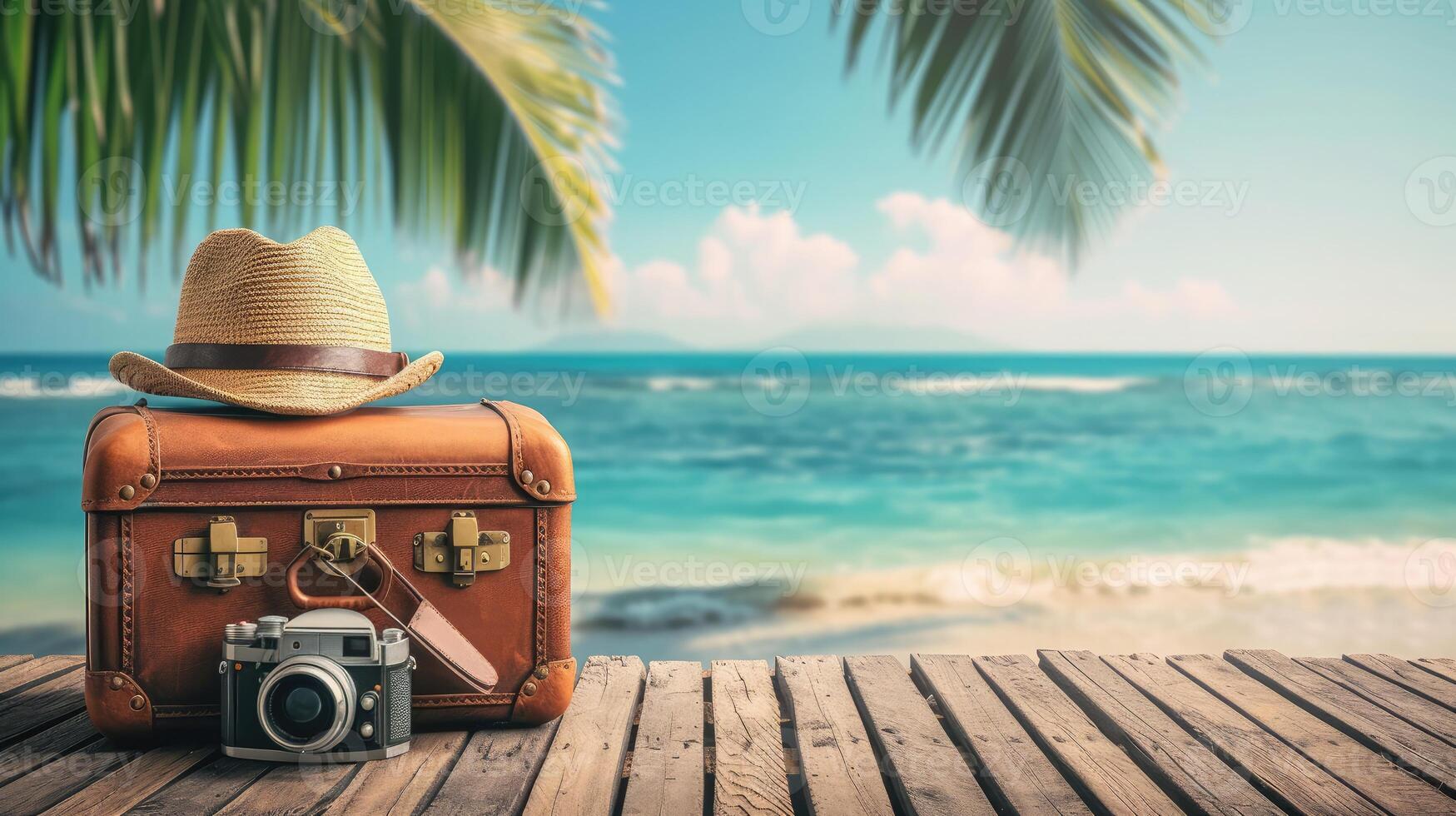 ai gegenereerd wijnoogst koffer, hipster hoed, foto camera en paspoort Aan houten dek. tropisch zee, strand en palm drie in achtergrond. zomer vakantie op reis concept ontwerp banier met kopieerruimte.
